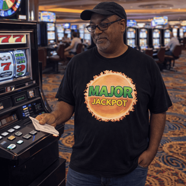 Man wearing a 'Major Jackpot' shirt in a casino setting with slot machines.